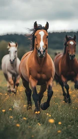 Galloping horses crossing wildflower field under clouds.