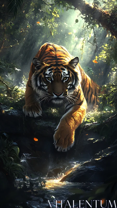 Sunlit jungle tiger steps quietly toward the shimmering stream