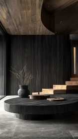 Minimalist timber interior with sculptural platform and stairs.