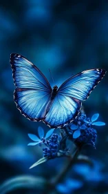 Moonlit blue butterfly hovers like a quiet electric thought