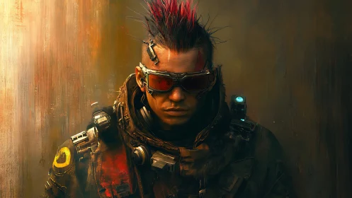 Cyberpunk mercenary portrait with red mohawk and visor gear.