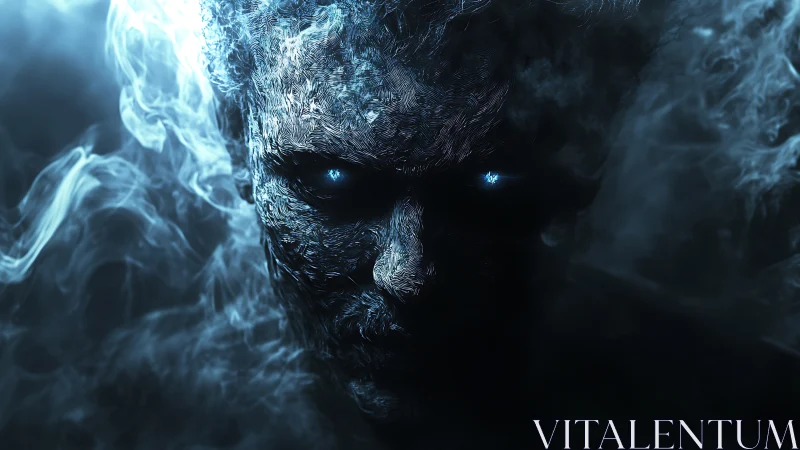 Mysterious smoky figure with glowing blue eyes emerging.