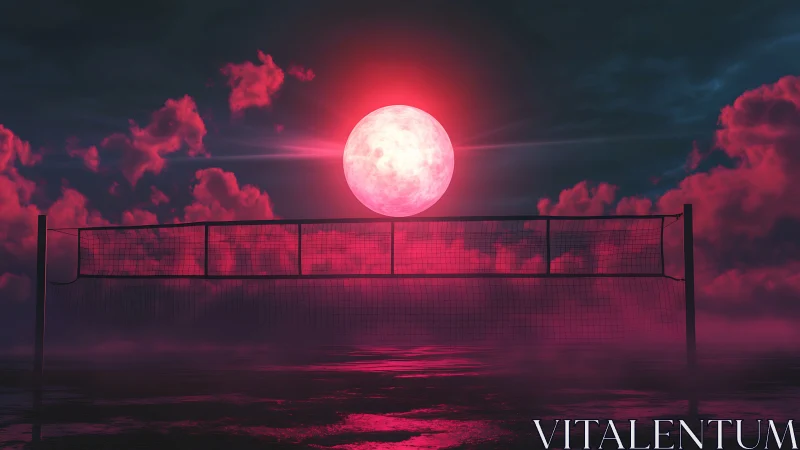 Neon moonrise behind misty volleyball net at night.