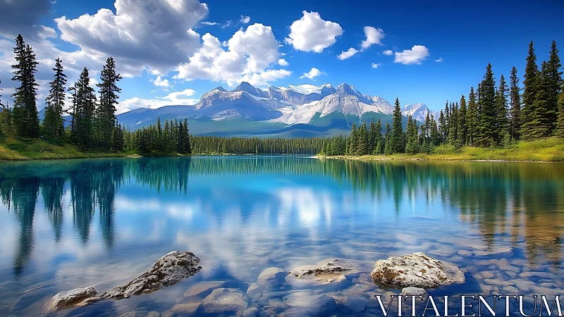 Mountain lake with evergreen forest and reflective water surface.