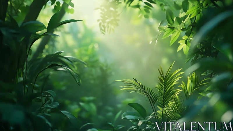 Lush forest interior with dappled sunlight through green foliage.