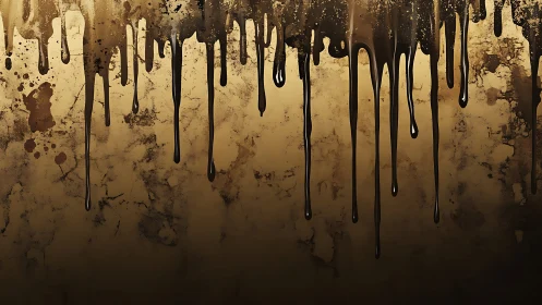 Dark viscous drips descend over stained ochre wall surface