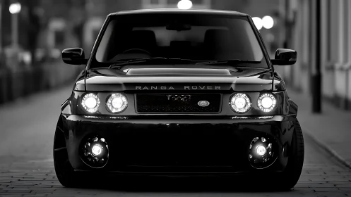 Modified black SUV dominates monochrome urban street