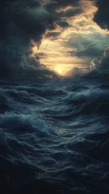 Storm-tossed ocean under dramatic backlit cumulonimbus sky