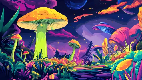 Neon moonlit mushrooms glow in a cosmic forest dreamland.