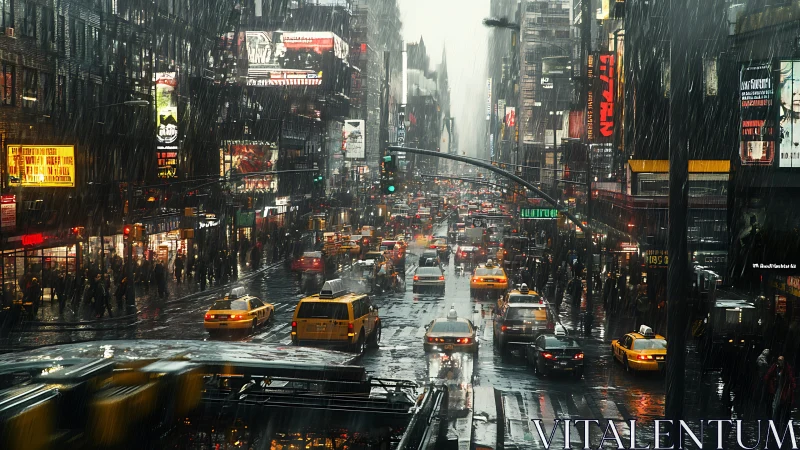 Rain-soaked urban avenue with dense traffic and signage.