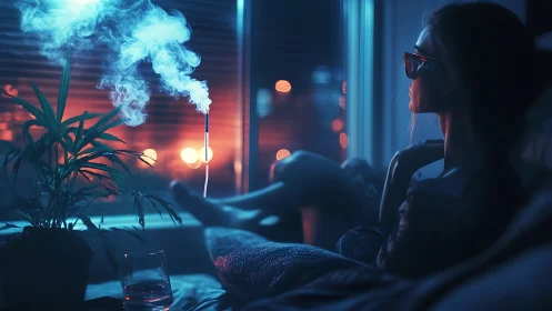 Neon midnight reverie with smoke, city lights, and quiet doubts.