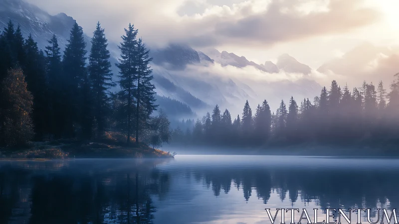 Misty alpine lake with pine forest and glowing dawn light.