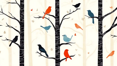 Colorful Birds on Birch Tree Branches in Modern Minimalist Style.
