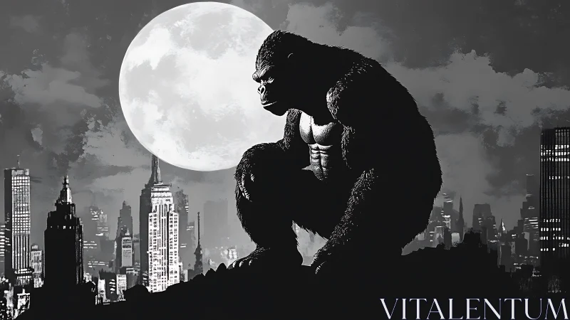 Giant gorilla silhouette over city skyline at full moon.