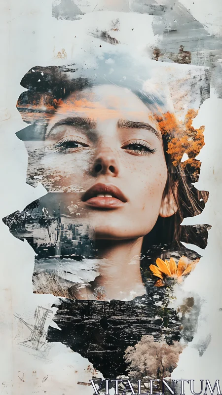 Dreamy portrait woven with landscapes and golden blooms.