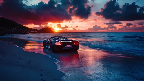 Sportscar parked on wet beach during vivid sunset scene.
