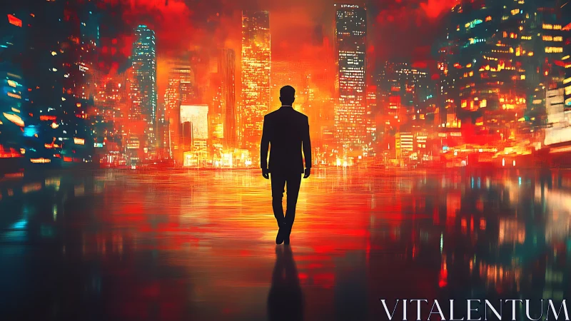Silhouetted man walks toward blazing neon city skyline