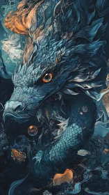 Blue serpent dragon in swirling cosmic underwater scene.