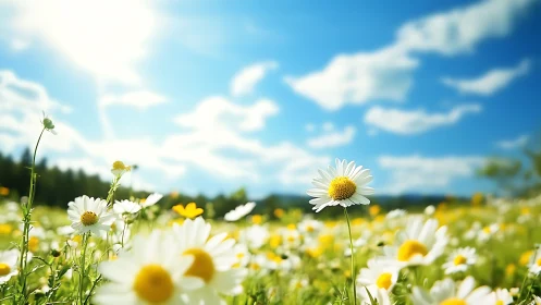 Alpine Daisy Field With Shallow Depth Optical Focus.