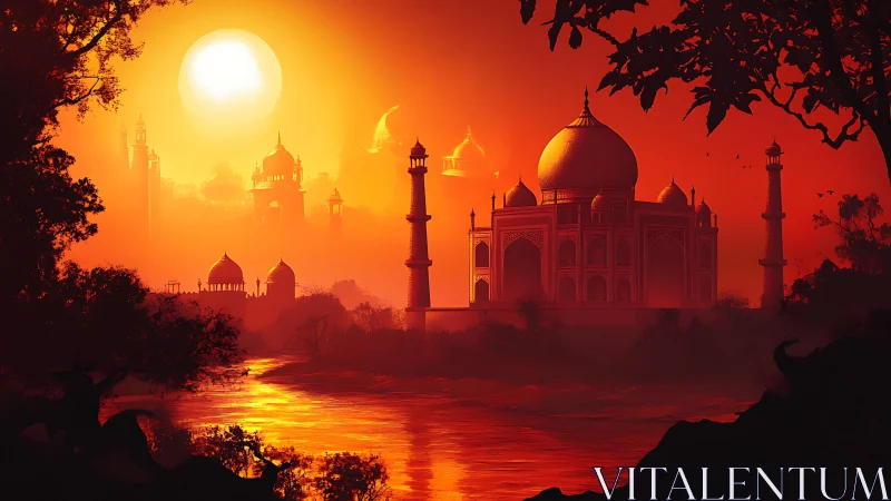 Sun-drenched domes drift through a molten river of evening fire