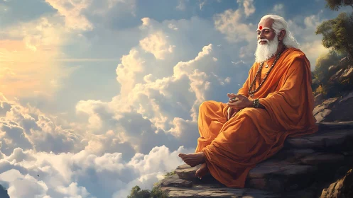Elderly sage meditating on rocky ledge above bright clouds.
