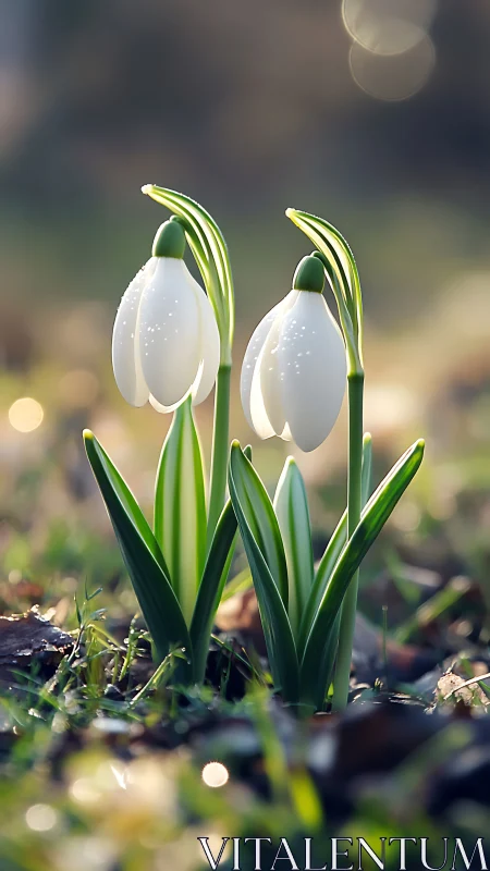 Snowdrops with Dew Drops in Early Spring Light