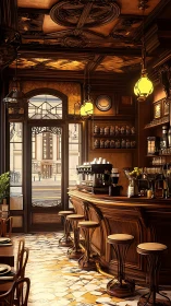 Warm vintage caf&eacute; interior with wooden bar and stools.