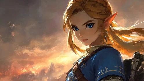 Elf-like warrior portrait is rendered against illuminated sky