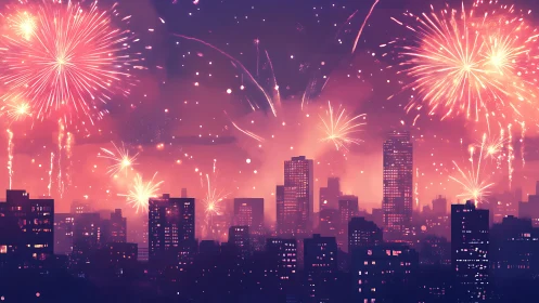 Urban skyline with dense pink fireworks display at night.