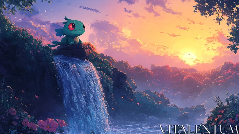 Small green creature sits on cliff above waterfall at sunset