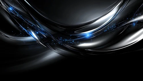 Futuristic flowing metallic waves with glowing blue accents in abstract style.