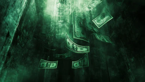 US banknotes descend through dark green digital void