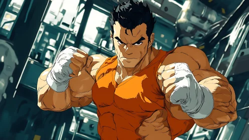 Determined fighter squares up in gritty industrial arena.