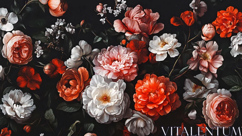 Baroque Floral Profusion Against Black: Peonies, Dahlias, Garden Roses.
