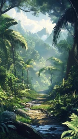 Tropical canyon landscape with stratified vegetation and distant mountains