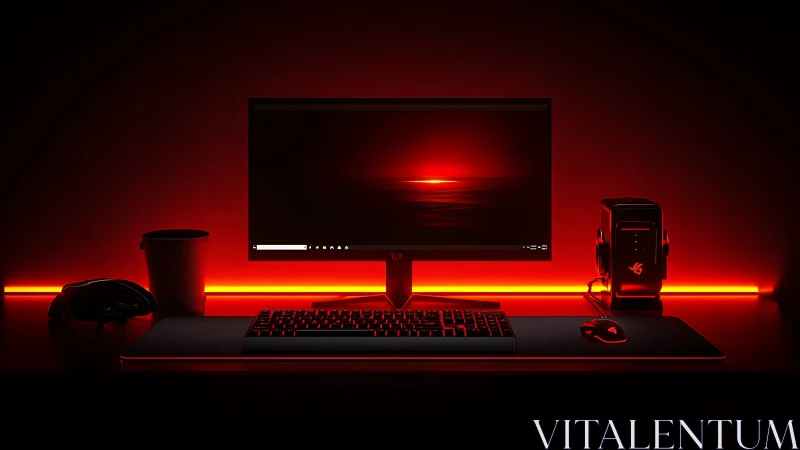 Minimalist red-lit gaming workstation with widescreen monitor.