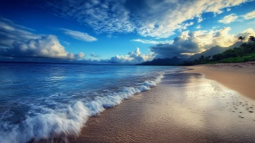 Tropical shoreline shows waves, wet sand, clouds, and mountains