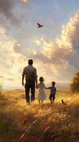 Golden hour stroll shows a tender parent and children moment