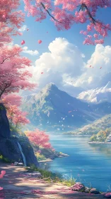 Petal-bright lakeside valley dreaming beneath crystal skies.