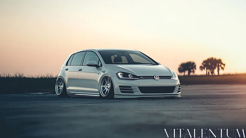 Lowered white Volkswagen Golf parked on empty asphalt at dusk.