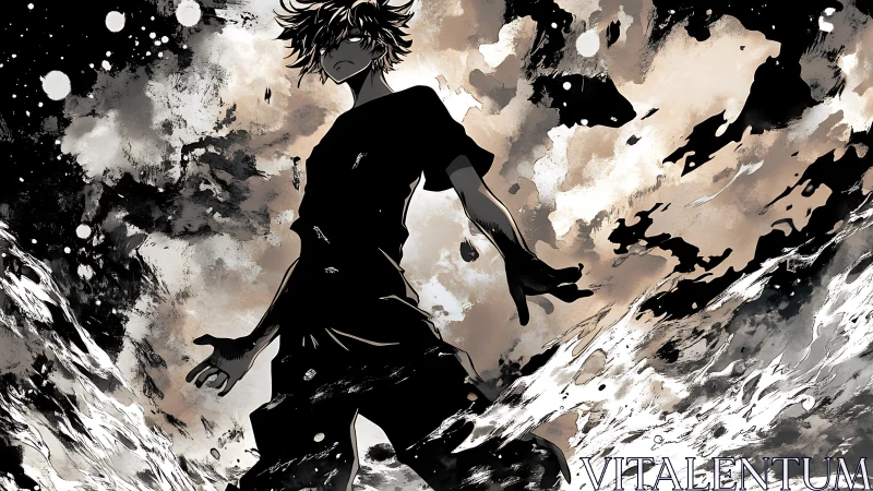 Monochrome anime silhouette amid dynamic ink splash vortex