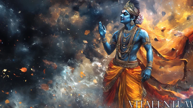 Celestial blue deity strides through swirling cosmic dawn