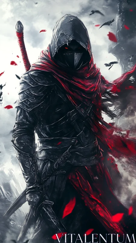 Shadowy hooded warrior wrapped in crimson winds of battle.