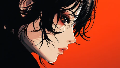 Profile portrait of pensive girl on stark red field.