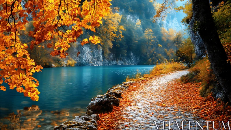 Golden autumn path curves gently beside a calm turquoise lake