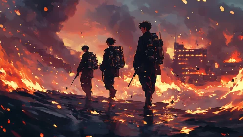 Silhouetted warriors crossing a burning cyberpunk ruin.