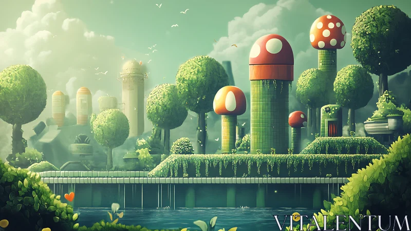 Whimsical 3D mushroom city rising in lush green landscape.