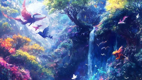 Digital painting of luminous fantasy ravine with birds and falls.