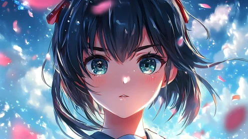Anime portrait with celestial lighting and petal motion focus.