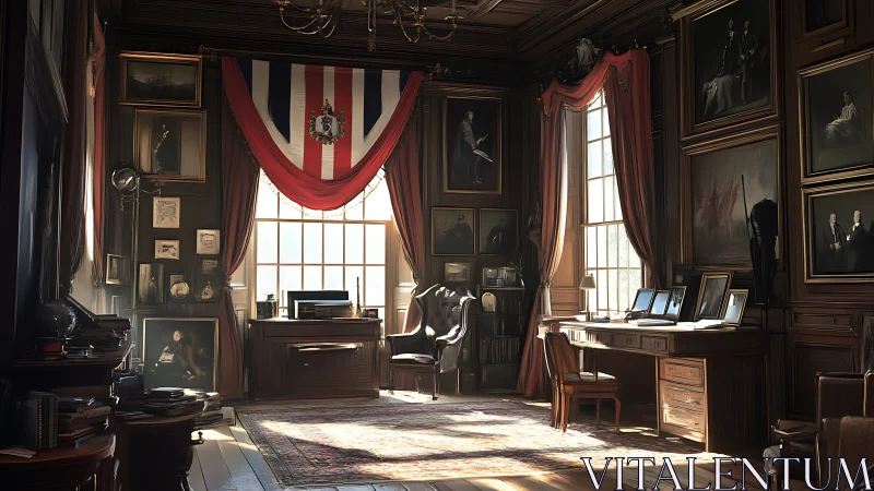 Historic statesman office displays rich portraits and flags
